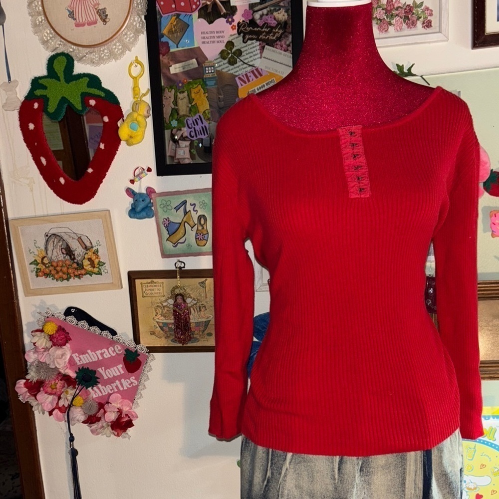 Red Ribbed Long Sleeve Top